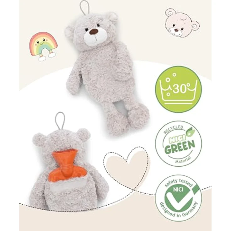 Nici Wärmflasche Classic Bear Finni, 2in1 Kuscheltier & Wärmflasche, 300 ml, zartgraues Plüsch, enthält recyceltes Material – Bild 3