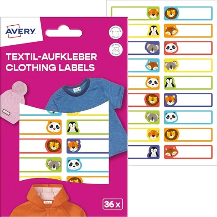 AVERY Zweckform ETVET36A Namensaufkleber Tiere, wasserfest, 36 Stück Textil-Etiketten (13x45mm, selbstklebend, für Waschmaschine & Trockner, bunt) – Bild 1