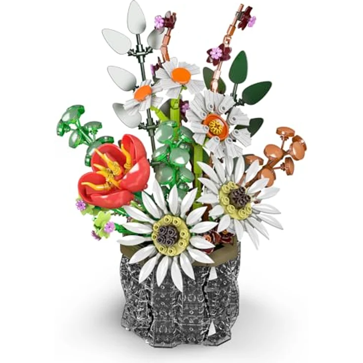 Mould King 24107 Blumen-Baustein-Set, DIY-Modell mit flexiblen Sonnenblumen, Tulpen und Gänseblümchen in Vase, 1157 Teile – Bild 5