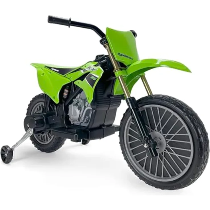 INJUSA Kawasaki Elektro Motorrad für Kinder, 12V mit Fußpedal, automatischer Bremse, Stützrädern und Motocross Design, grün, 3-6 Jahre