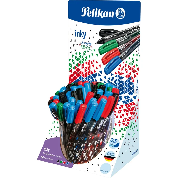 Pelikan Tintenschreiber Inky 273, Tintenroller mit Tintenreglersystem, löschbar in Blau, im Display sortiert in 50 Stück (blau, grün, rot, schwarz) – Bild 1
