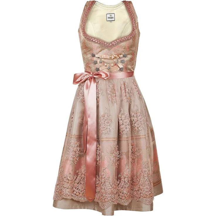 Edelnice Dirndl Rosalie, Dirndlkleid aus goldenem Brokatstoff mit roséfarbenem Rosenmuster
