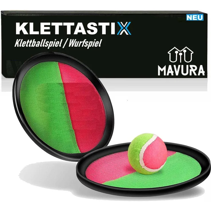 MAVURA KLETTASTIX Klettballspiel Wurfspiel mit verstellbarem Griff, rot/grün, für Garten, Park und Strand