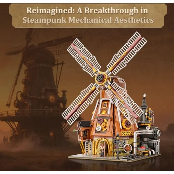 Pantasy Steampunk Windmill Workshop, Klemmbausteine-Modell mit 2400 Teilen, 3 Fantasy-Minifiguren und funktionierendem Dampfschornstein – Bild 8