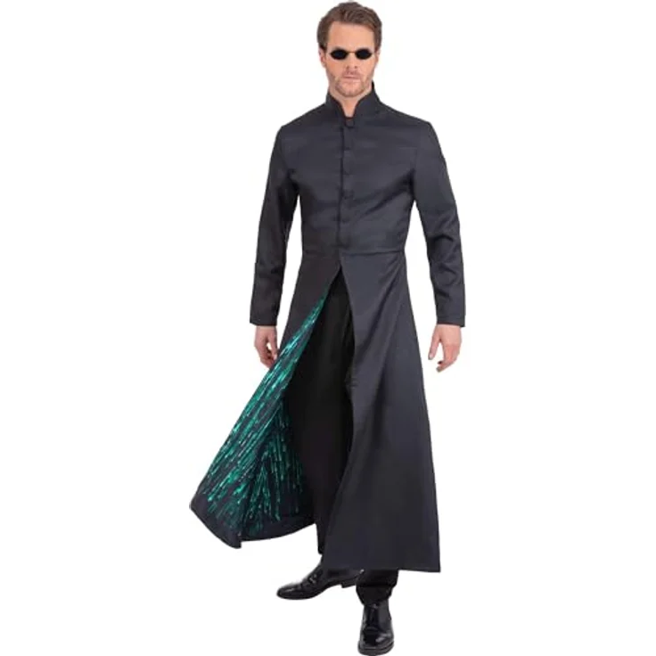 Smiffys Matrix: Neo (L), langer schwarzer Mantel mit Stehkragen und grünem Code-Print, offiziell lizenziert – Bild 1