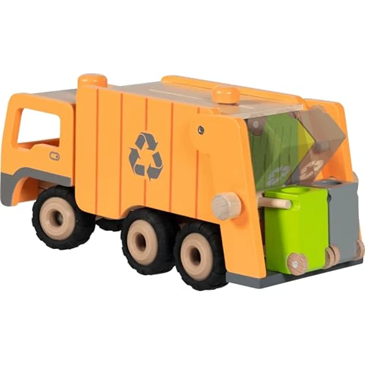 goki 55848 Müllwagen Eco aus Holz, lenkbar über Drehknopf, mit Heck-Hebevorrichtung und 2 Mülltonnen, 36 × 16 × 17,5 cm – Bild 3