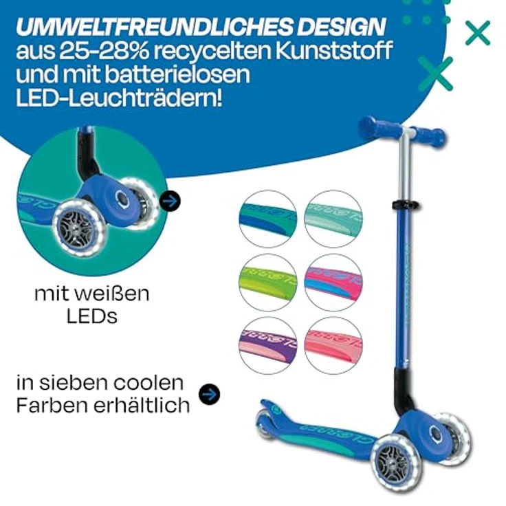 Globber Primo Foldable Plus Lights Roller - Tretroller Kinder ab 3 Jahre - Scooter 120/80 mm - ABEC 5, 3-rädrig mit LED Rollen höhenverstellbar - dunkelblau-türkis – Bild 5