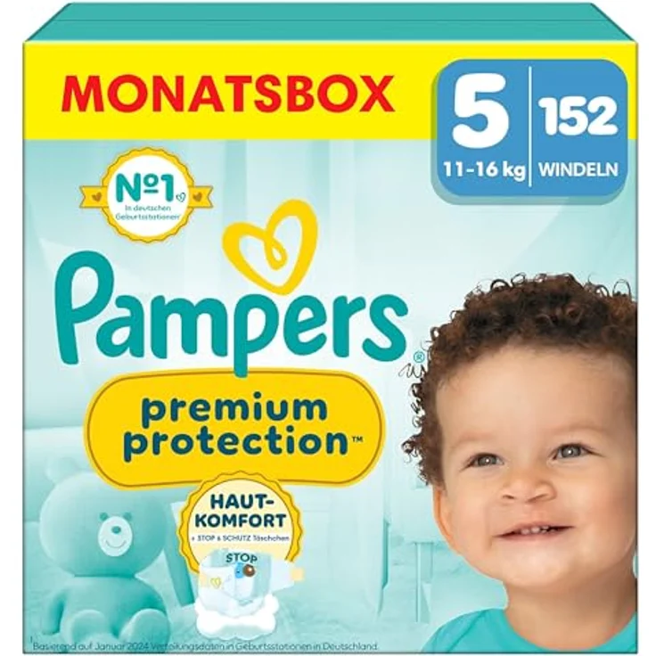 Pampers Premium Protection Windeln Gr. 5 Junior (11-16 kg) Monatsbox, 152 Stück – Bild 1