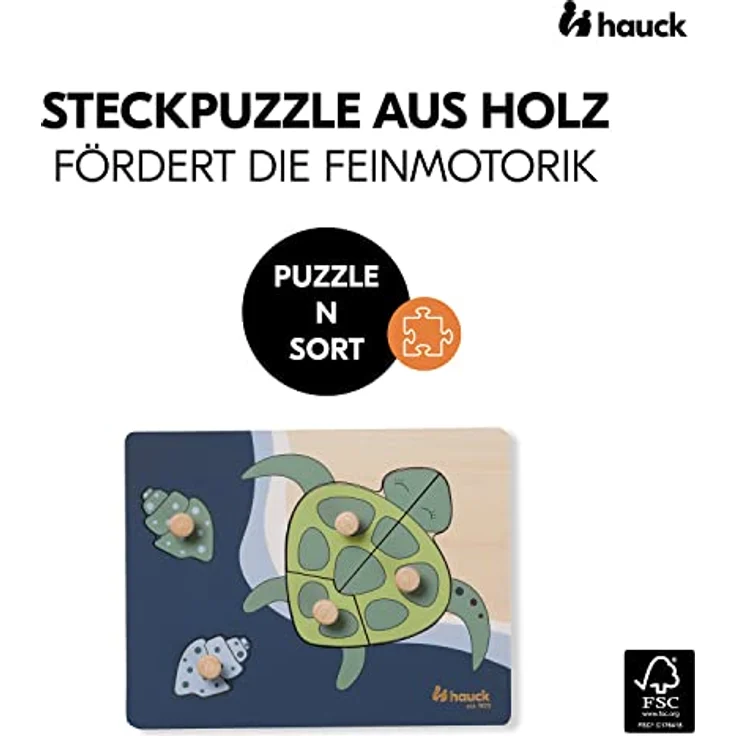 hauck 813076 Puzzle N Sort Tiere Steckpuzzle, Turtle - Holz Kinderpuzzle, FSC-zertifiziert, greifbare Holzknöpfe, Tierdesign – Bild 2