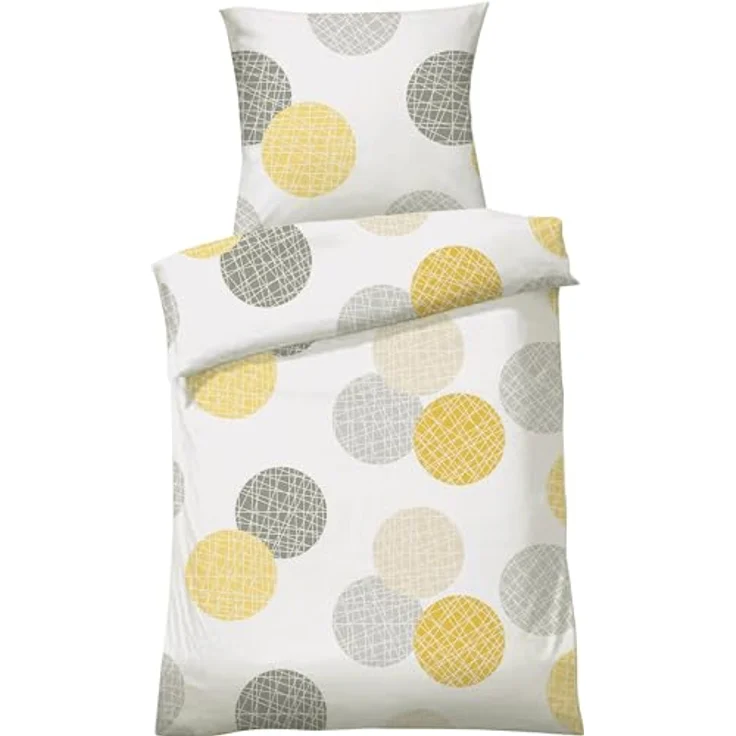 Dyckhoff Bettwäsche Weichfrottier, senf-Silber, mit Kreisen im Grafik Design, Größe 135x200 cm + 80x80 cm, bügelfrei, 75% Baumwolle, 25% Polyester – Bild 1