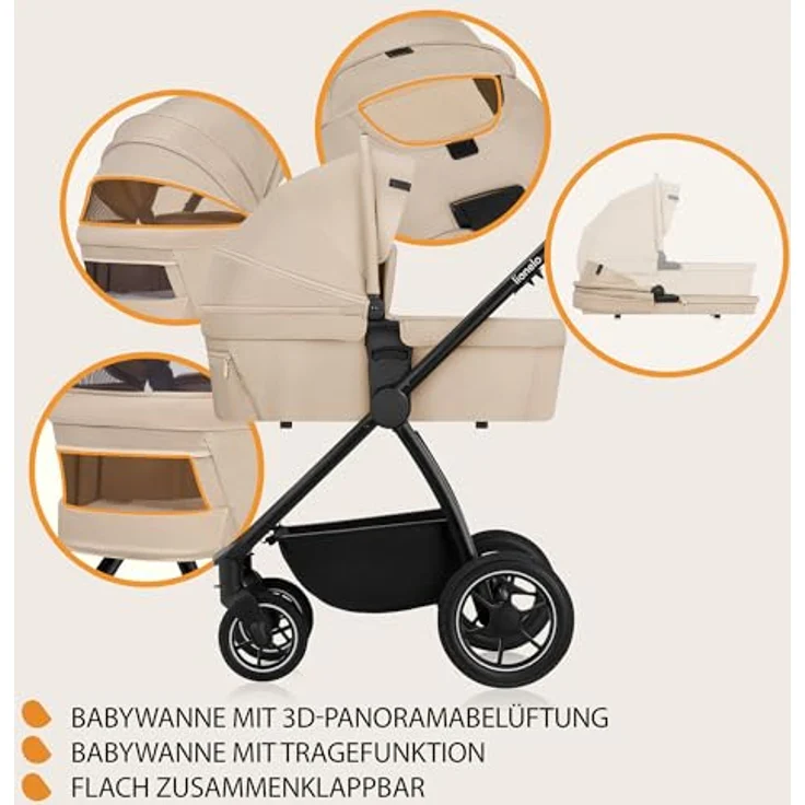 Lionelo Meril Kombikinderwagen 3-in-1, XL-Babywanne, Buggy und ADAC-zertifizierter Kindersitz, geländegängige Räder, voll gefedert, Beige – Bild 7