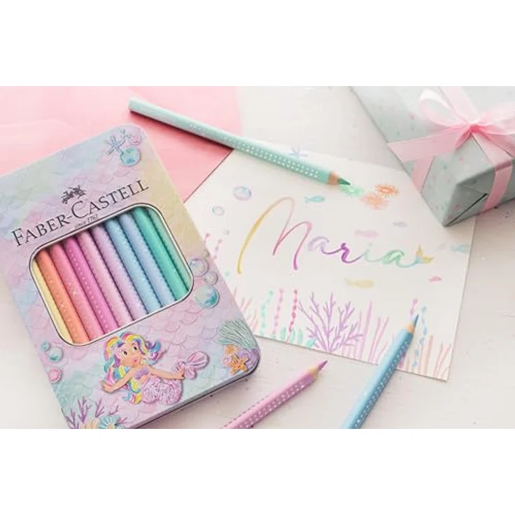 Faber-Castell Sparkle Pastell Buntstifte, 10er Set im Metalletui mit funkelndem Effekt und ergonomischer Dreikantform – Bild 6
