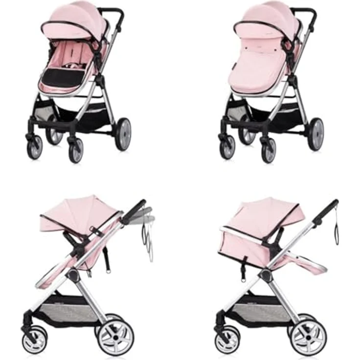 Chipolino Kombikinderwagen 2 in 1 Vista, mit Wickeltasche, Fußabdeckung, verstellbarem Sonnendach und 5-Punkt-Gurt, Farben: rosa – Bild 3