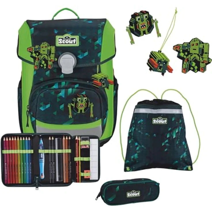 Scout Basic Neo Set 4-teilig Cubes, Schulranzen-Set mit reflektierender und fluoreszierender Oberfläche, inklusive 2 passenden Schlampermäppchen und Sportbeutel, blau – Bild 1