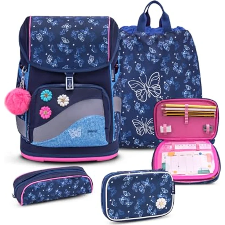 Belmil Comfy Plus Premium Schulranzen-Set, ergonomisch mit Brust- & Hüftgurt, DIN A4 geeignet, 4-teilig, 16 L, reflektierender Magnetverschluss, blau – Bild 1