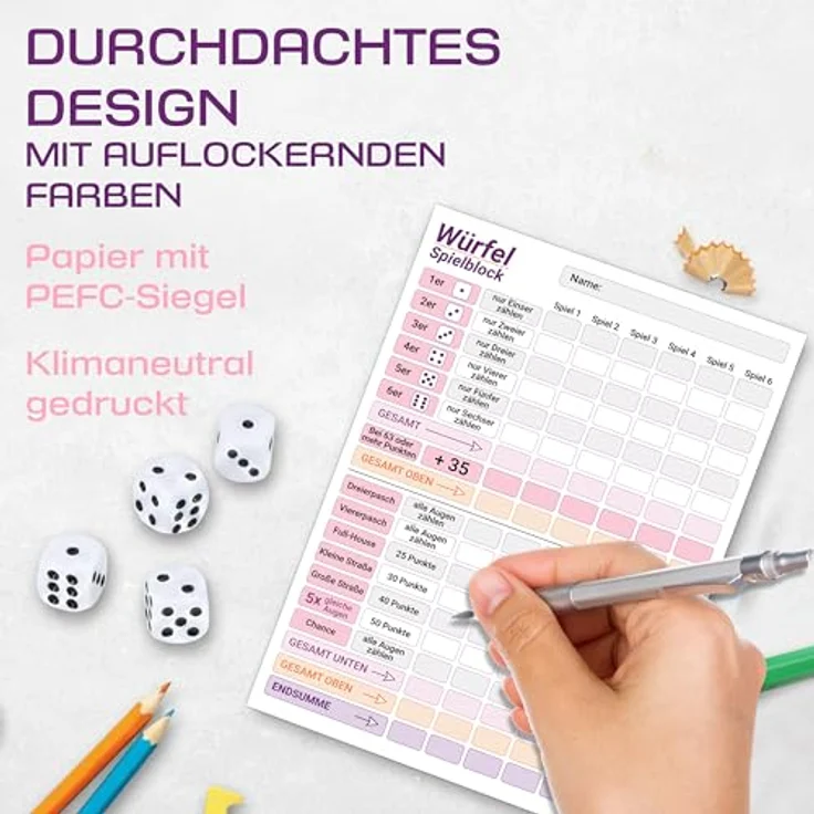 PICTALOO Würfelspiel Block DIN A5, rosa lila, gut lesbar, 50 Blatt für 300 Spiele, ideal für Senioren und Kinder – Bild 4