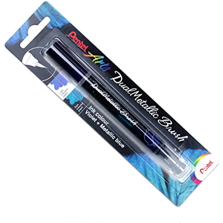 Pentel XGFH-DVX Dual Metallic Brush - Pinselstift gefüllt mit, je nach Papierfarbe, changierender Glitzertinte, Nylonfasern, feiner bis breiter Strich, violett/metallic-blau, 1 Stück auf Blisterkarte – Bild 1