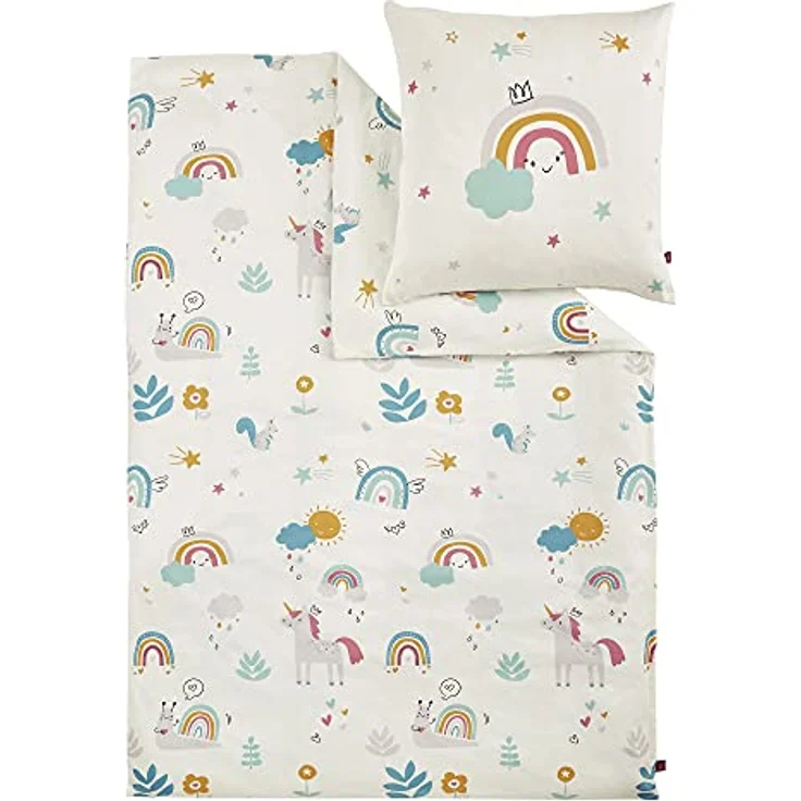 s.Oliver Kinderbettwäsche Einhorn 135x200 cm - 100% Baumwolle, praktischer Reißverschluss & maschinenwaschbar, Bettwäsche für Kinder Regenbogen 2tlg. bunt – Bild 1
