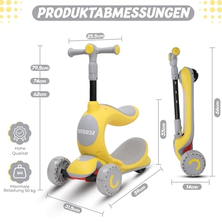 Habib Gruppe 3-in-1 Kinderroller Dreirad mit Sitz, höhenverstellbar und faltbar, LED Räder, sicher und robust, ideal für Jungen & Mädchen von 2 bis 10 Jahren - Gelb – Bild 5