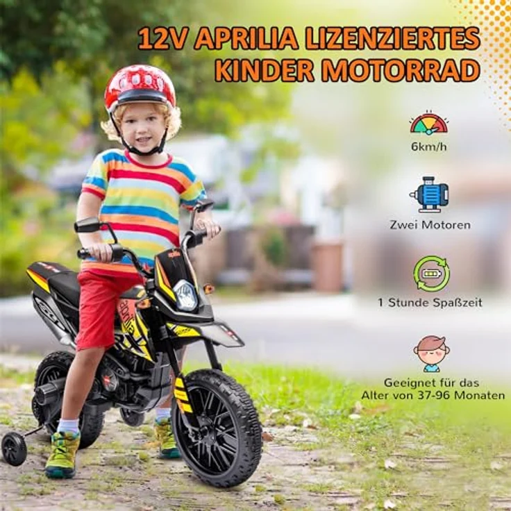 AIYAPLAY Kinder Elektro-Motorrad, 12V Aprilia Kindermotorrad mit Musik, 6 km/h, abnehmbare Trainingsräder, 12 Zoll Kunststoffreifen, Gelb – Bild 3