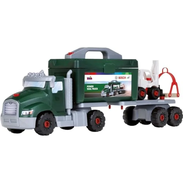 Theo Klein 8626 Bosch Schraubtruck Spiel-Set mit Drehmomentschraubendreher, Kran und Gabelstapler, geeignet für Kinder ab 3 Jahren