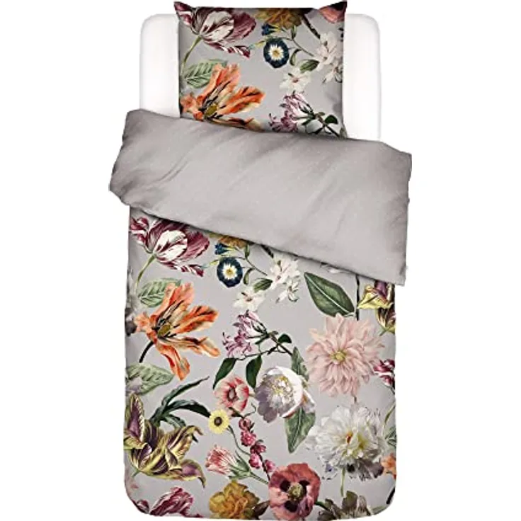 ESSENZA Filou Grey Satin Bettwäsche, 100% Baumwolle, Blumenmuster, Größe 135 cm x 200 cm