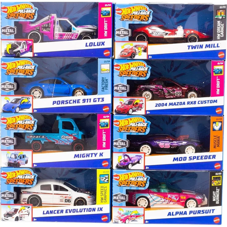 Hot Wheels Pull-Back Speeders Spielzeugauto 1:43 HPR70 mit Rolomatic-Motor und öffnenden Türen, Kofferraum und Motorhaube
