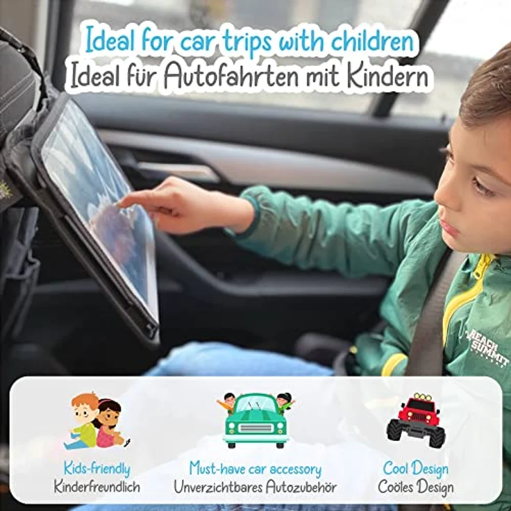 HECKBO 2x Kinder Autositz Rückenlehnschutz Organizer Monster Truck - Verstellbare Tablet Tasche, 70x45cm, Mit Getränkehalter und Aufbewahrungsnetz – Bild 5
