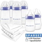 Lansinoh 9-tlg. PP-Flaschen-Set mit NaturalWave® Trinksauger Gr. S & M, inkl. 3 Spucktücher aus 100% Baumwolle