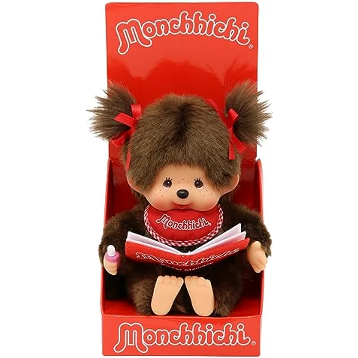 Sekiguchi 221561 - Original Monchhichi Mädchen, Plüschtier mit Fotoalbum und Schleifen, ca. 20 cm großes Kuscheltier aus braunem Plüsch