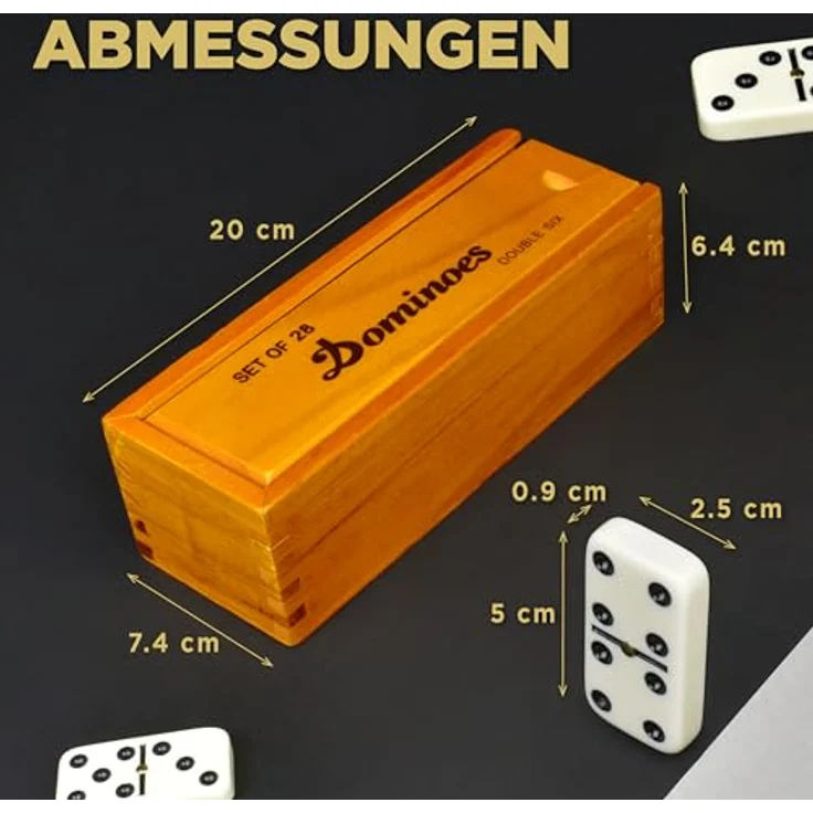 Queensell Domino-Set für Erwachsene, Doppel-6 Brettspiel mit 28 robusten Elfenbeinsteinen und brauner Holzkassette, für 2-4 Spieler – Bild 3