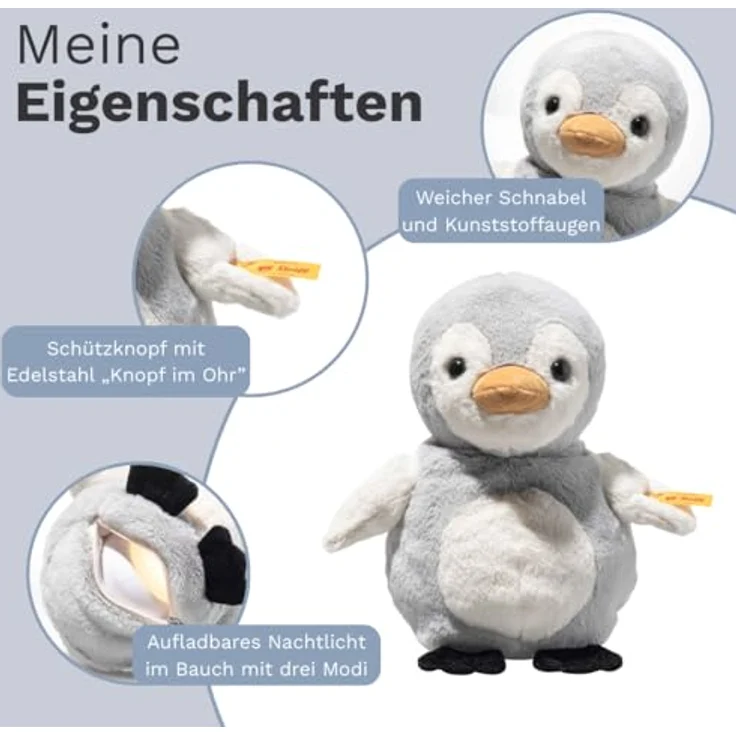 Steiff Nachtlicht Pinguin Lio, 22 cm, grau und cremeweiß, Kuscheltier mit entnehmbarem Nachtlicht – Bild 3