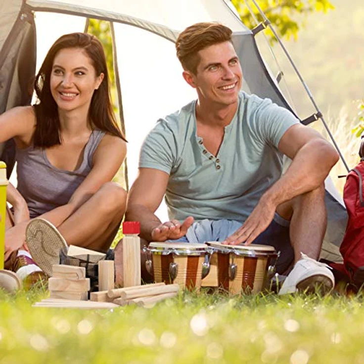 Relaxdays Wikinger Wurfspiel aus Kiefernholz, Natur Kubb Wikingerspiel, roter König, groß, Gartenspielzeug mit Tasche – Bild 2