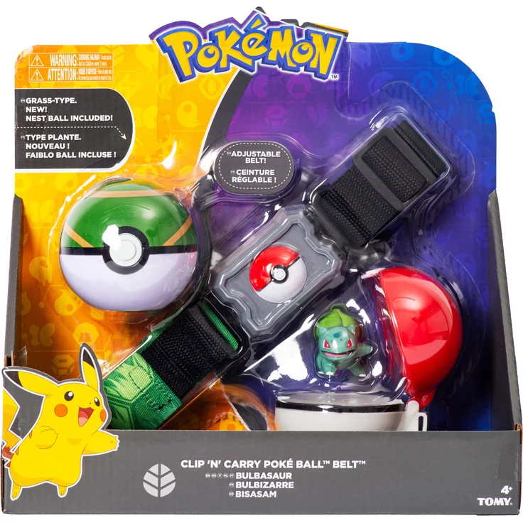 Tomy Pokémon Clip’n Carry Gürtel Bisasam, verstellbar mit 2 Pokébällen und 4 cm Figur, offiziell lizenziert
