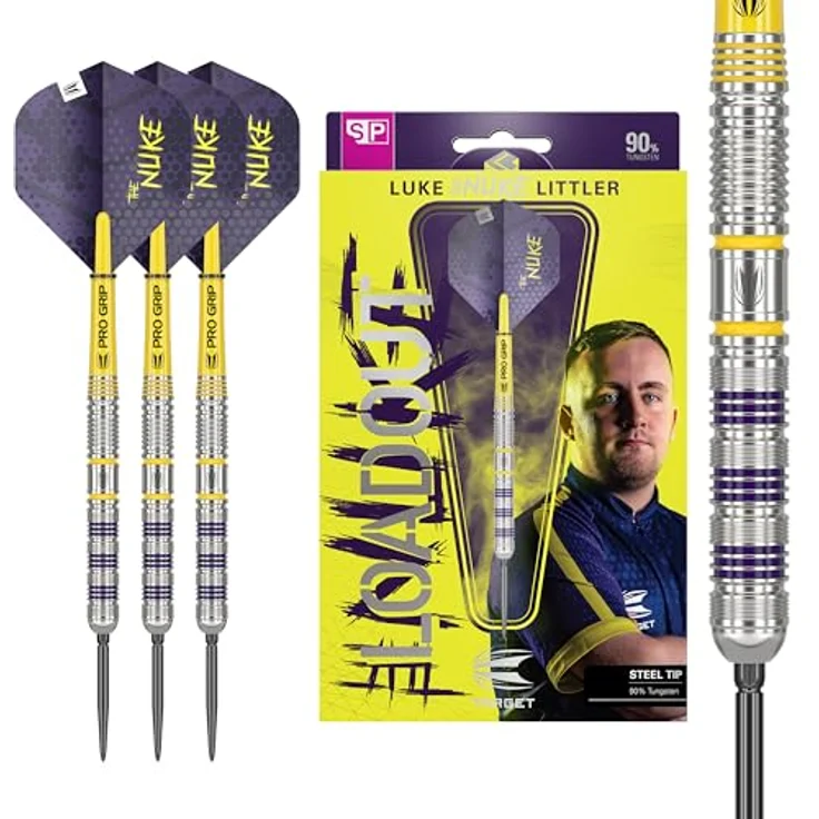 Target Darts Luke Littler Loadout Steel Tip Darts, 90% Tungsten 23G, mit Swiss Points, Pro Grip Shafts & No.2 Flights, violett/gelb – Bild 1