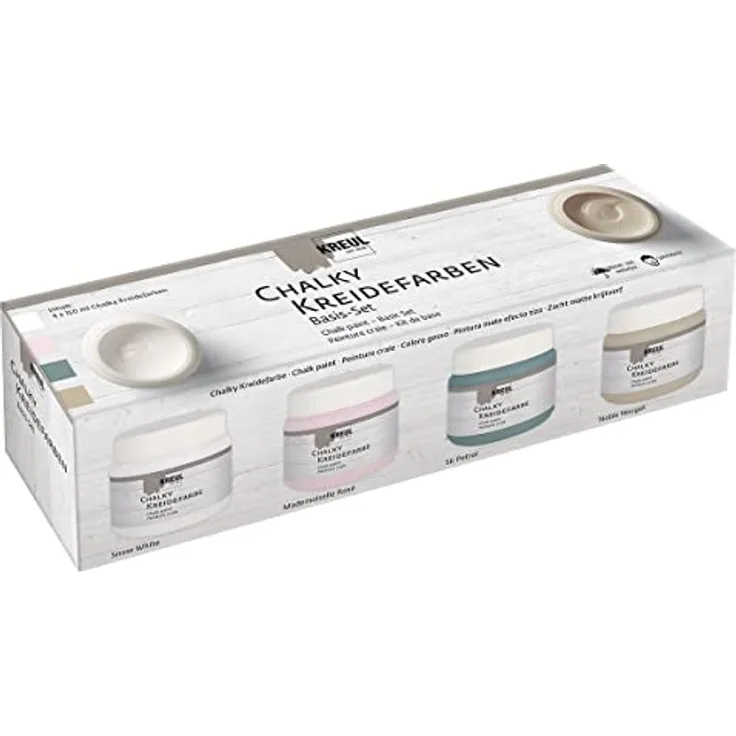 KREUL 75305 - Chalky Kreidefarbe im Set, 4 x 150 ml Farbe in Snow White, Mademoiselle Rosé, Sir Petrol und Noble Nougat, sanft - matte Farbe, cremig deckend, schnelltrocknend