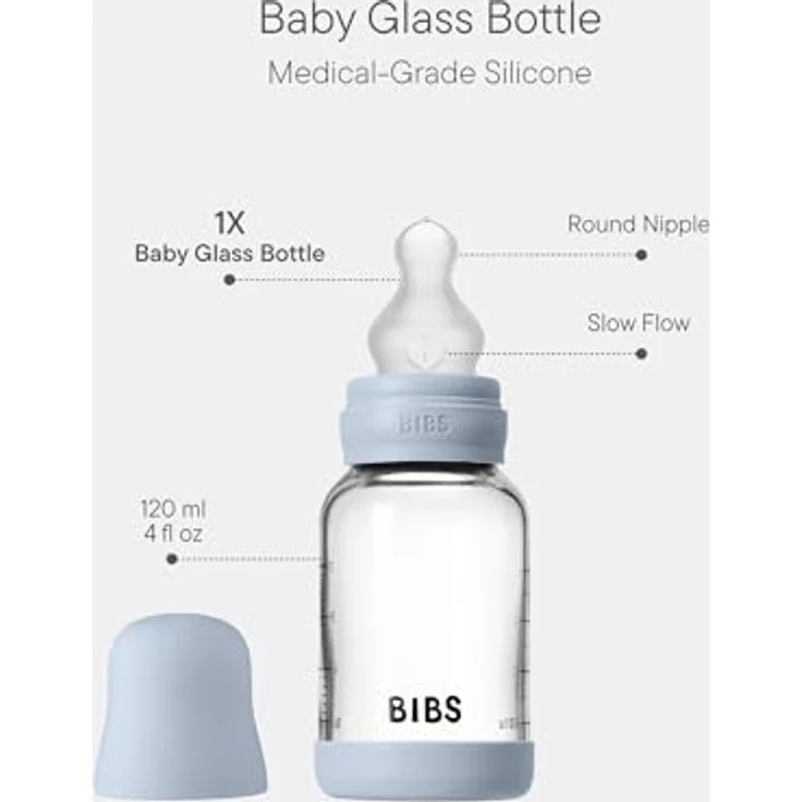 BIBS Baby Glasflasche 120ml, runder Silikonsauger, kolikenreduzierend, BPA-frei, Baby Blue – Bild 2
