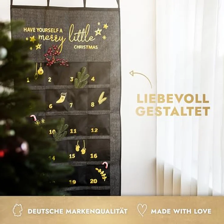 AMARI ® Adventskalender XXL Wandkalender (70 x 130 cm) mit 24 Fächern zum Befüllen, Stoff - Schwarz-Gold, inklusive E-Book für kreative Füllideen – Bild 5