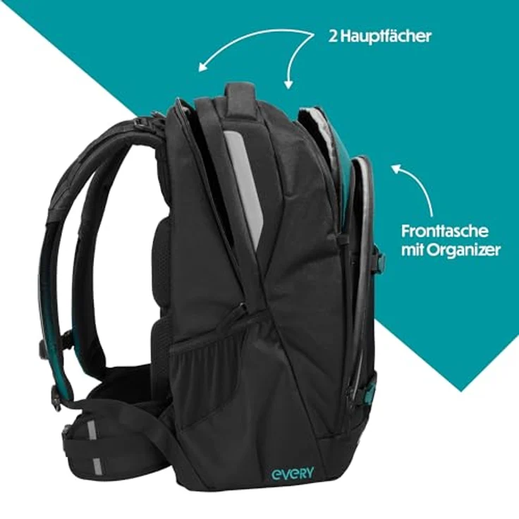 Coocazoo Schulrucksack Every „Teal Shadows“, ergonomischer Tornister, höhenverstellbar, 30 Liter Volumen, schwarz-blau, für ab der 3. Klasse, mit Brust- und Hüftgurt, aus 100% recycelten PET-Flaschen – Bild 3