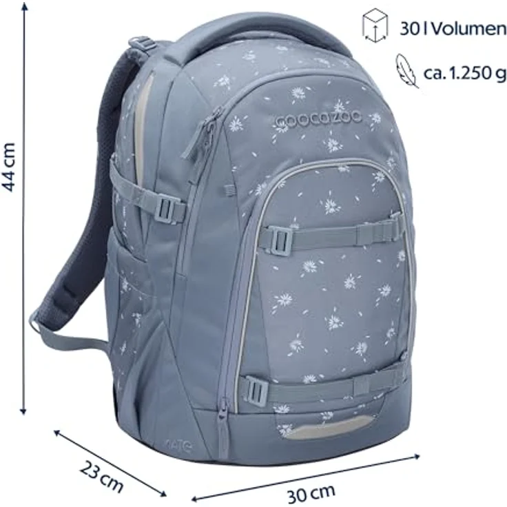 Coocazoo Mate Schulrucksack „Bloomy Daisy”, hellgrau, ergonomisch, höhen- & größenverstellbar, mit Brustgurt und Hüftgurt, 30 Liter, ab 3. Klasse – Bild 2