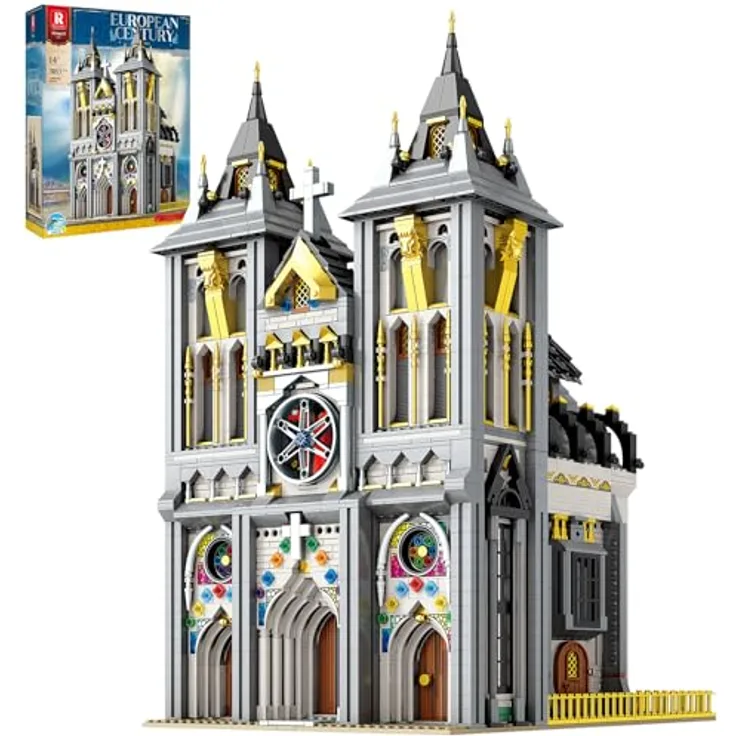 Reobrix Mittelalterliche Kirche Baustein-Set 66027, Modellbausatz mit warmem LED-Licht, 3183 Teile, für Erwachsene und Jugendliche ab 14 Jahren