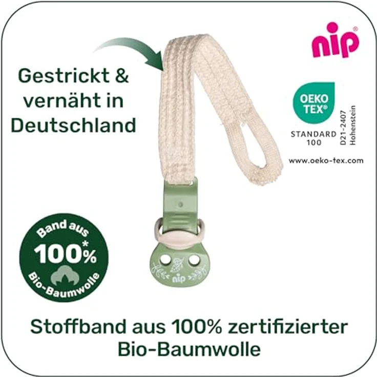 Nip Schnullerband stay green, aus 100% Bio-Baumwolle, beige, mit großer Klemmfläche und OEKO-TEX® zertifiziert – Bild 3