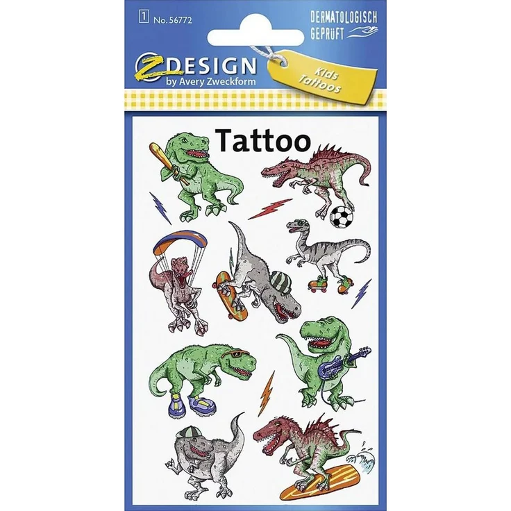 Avery Zweckform Kindertattoo Dino, temporäre Tattoo Aufkleber, kindersicher, dermatologisch geprüft, Made in Germany, 56772
