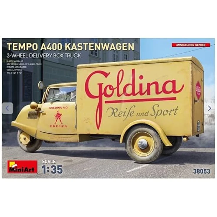 MiniArt MIN38053 Modellbausatz, unlackiert - Detailgetreuer 1:35 Tempo A400 Kastenwagen 3-Rad Kastenwagen – Bild 1