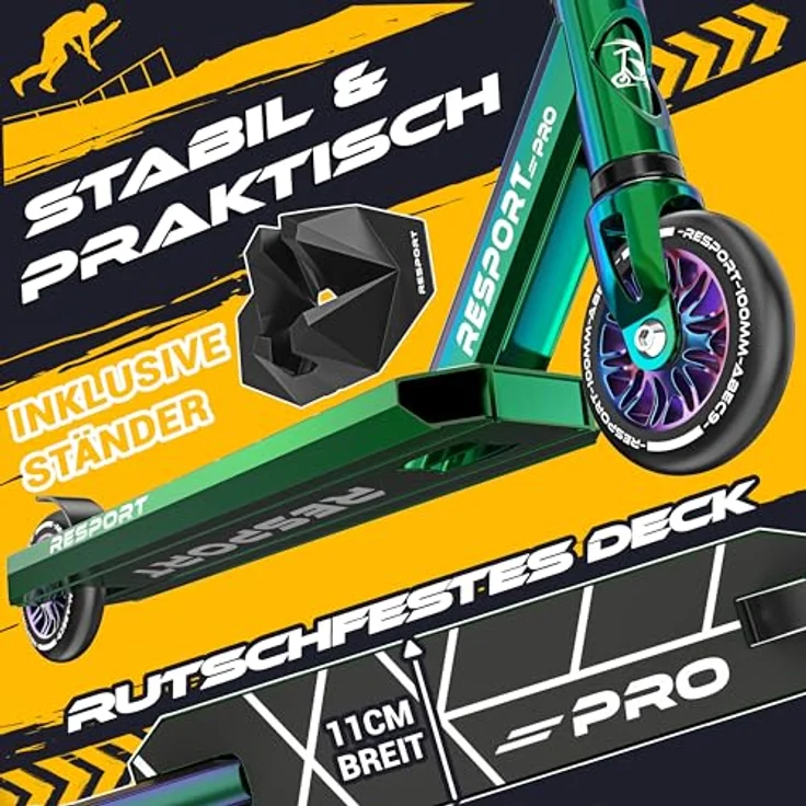 RE:SPORT REVO PRO Stunt Scooter für Kinder & Erwachsene, inkl. Ständer, 110mm PU Räder, ABEC 9 Kugellager, Y-Bar, rutschfestes Deck, leichtgewicht 3,6 kg – Bild 3