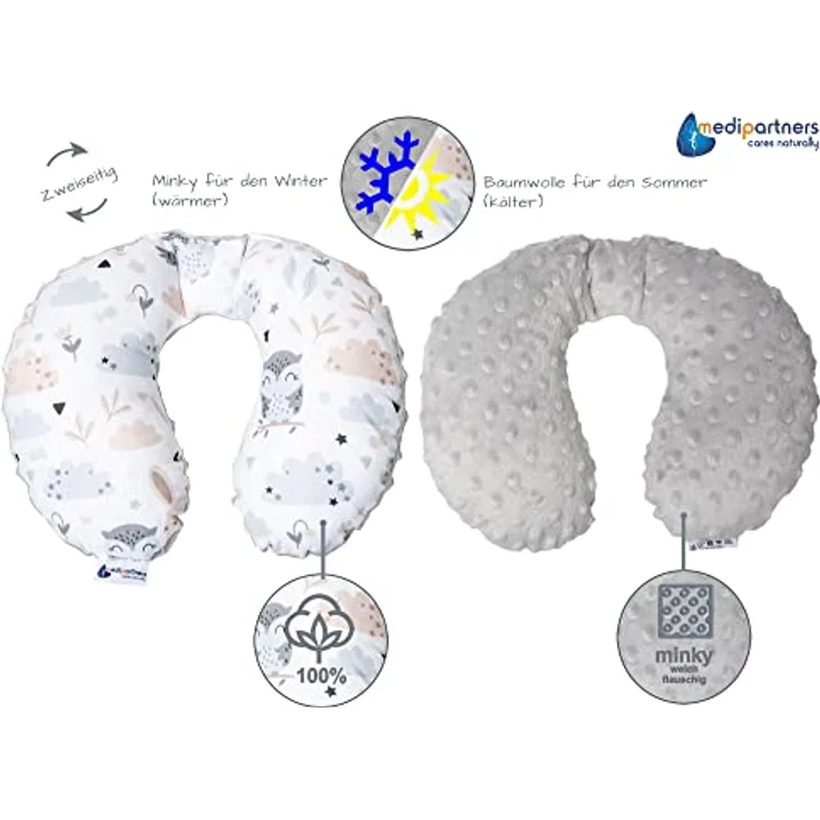 Medi Partners Nackenkissen Kinder Nackenhörnchen, 100% Baumwolle/Minky, Nackenstütze für Auto und Flugzeug, graues Minky, ergonomisch geformt, antiallergische Füllung – Bild 3