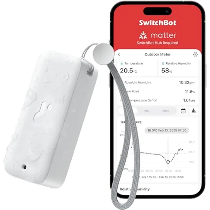 SwitchBot Hygrometer Thermometer IP65, Bluetooth Innen Außen mit Taupunkt/VPD/Absolute Feuchtigkeitssensor, Datenspeicherung für Gewächshäuser und Weinkeller
