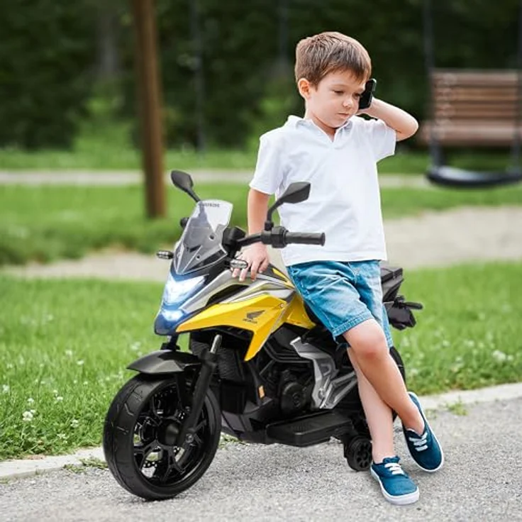 AIYAPLAY Elektro Kindermotorrad, Honda lizenziertes Elektromotorrad mit MP3, USB, Scheinwerfer, zwei Stützrädern, für Kinder von 3-6 Jahren, Gelb – Bild 2