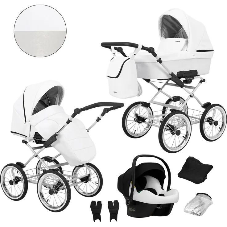 Kunert Romantic 3in1 Kinderwagen, Weiß mit Cosmo Autositz und grauem Rahmen, Kombikinderwagen mit verstellbarer Rückenlehne und komfortabler Federung