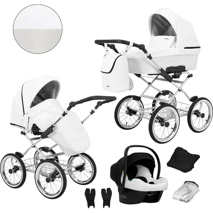 Kunert Romantic 3in1 Kinderwagen, Weiß mit Cosmo Autositz und grauem Rahmen, Kombikinderwagen mit verstellbarer Rückenlehne und komfortabler Federung